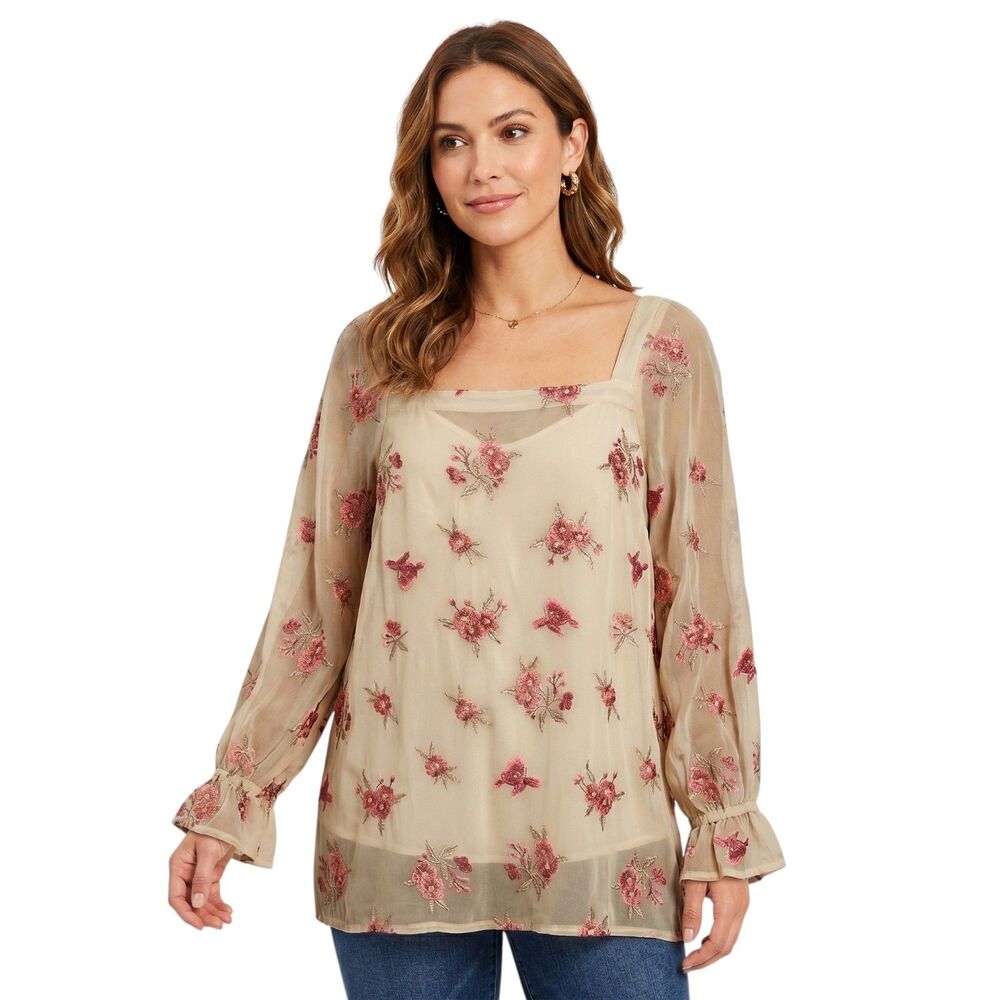 Boho Mesh Square Neck Embroidered Top XL